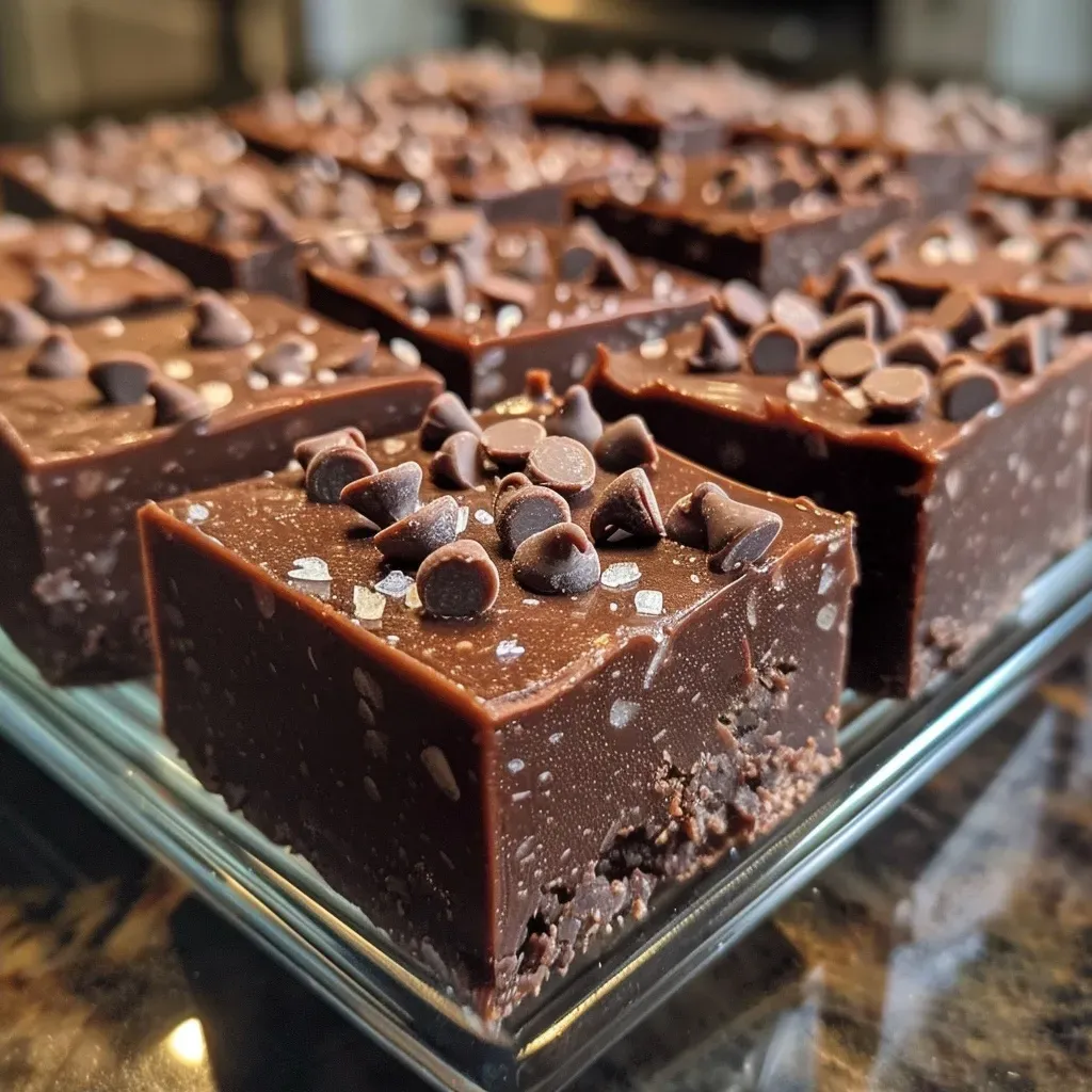 ['Close-up side view of rich vegan dark chocolate fudge sprinkled with sea salt.', 'Thick, glossy vegan fudge made from dark chocolate chips and topped with sea salt.', 'A tempting slice of vegan dark chocolate fudge with a shiny texture and sea salt flakes.', 'Side view of decadent dark chocolate fudge with a creamy appearance and sea salt.']