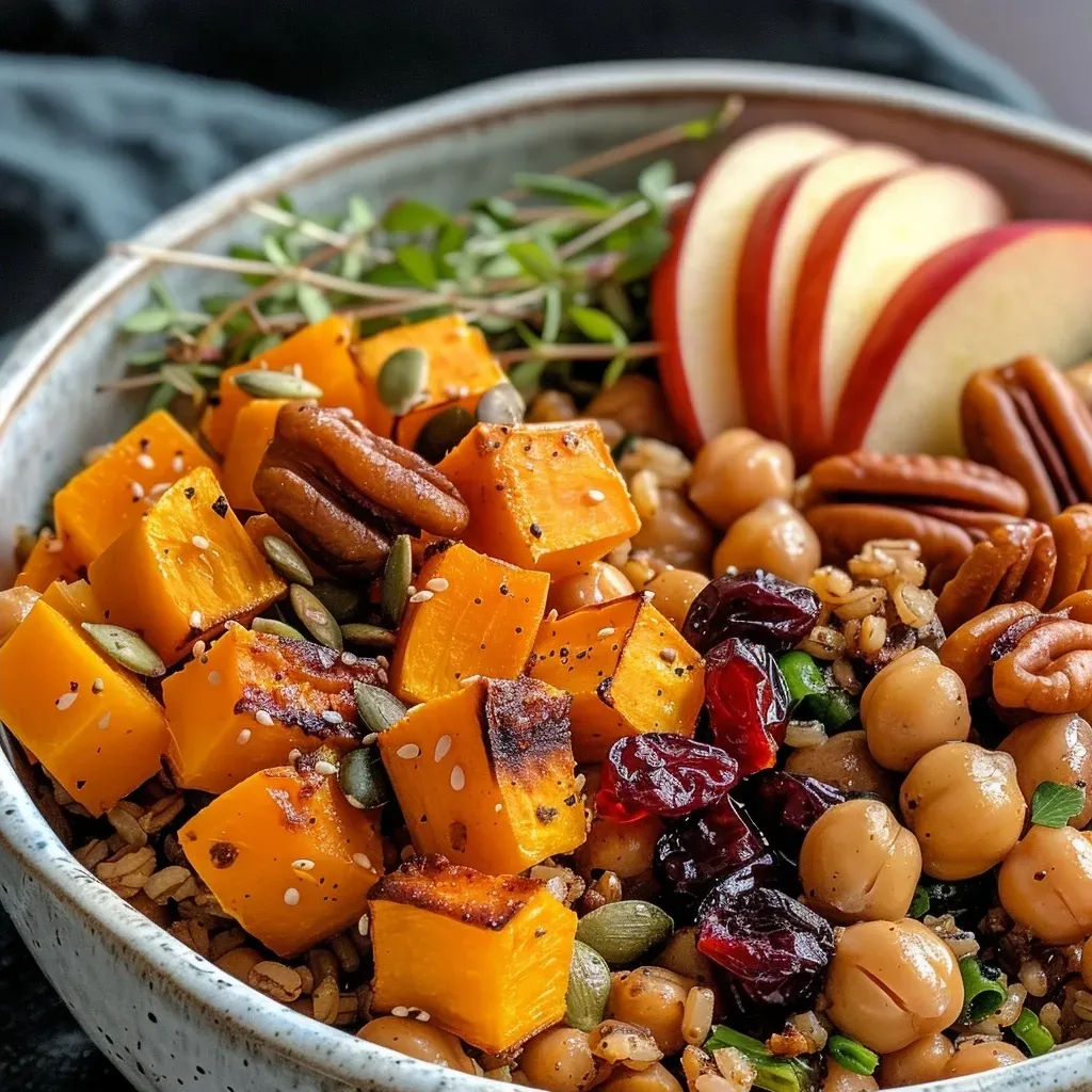 ['A colorful Vegan Fall Harvest Farro Bowl featuring roasted butternut squash, sliced apples, chickpeas, and topped with pumpkin seeds and cranberries.', 'Close-up view of a Vegan Fall Harvest Farro Bowl displaying layers of vibrant vegetables, fruits, nuts, and a drizzle of ranch dressing.', 'Side view of a beautifully arranged Vegan Fall Harvest Farro Bowl with butternut squash, apples, chickpeas, and garnishes.', 'A hearty Vegan Fall Harvest Farro Bowl filled with roasted vegetables, chickpeas, dried cranberries, and pumpkin seeds.']