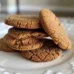 ['Close-up view of a golden-brown Vegan Ginger Molasses Cookie with a cracked surface and sugar crystals.', 'Juicy Vegan Ginger Molasses Cookie shown from the side, highlighting its chewy texture and warm color.', 'Side angle of a soft Vegan Ginger Molasses Cookie, featuring a sprinkle of sanding sugar on top.', 'Delicious Vegan Ginger Molasses Cookie with a soft, inviting appearance and rich spices visible.']