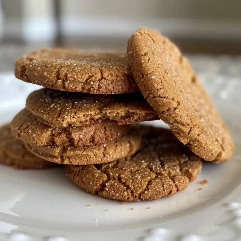 ['Close-up view of a golden-brown Vegan Ginger Molasses Cookie with a cracked surface and sugar crystals.', 'Juicy Vegan Ginger Molasses Cookie shown from the side, highlighting its chewy texture and warm color.', 'Side angle of a soft Vegan Ginger Molasses Cookie, featuring a sprinkle of sanding sugar on top.', 'Delicious Vegan Ginger Molasses Cookie with a soft, inviting appearance and rich spices visible.']