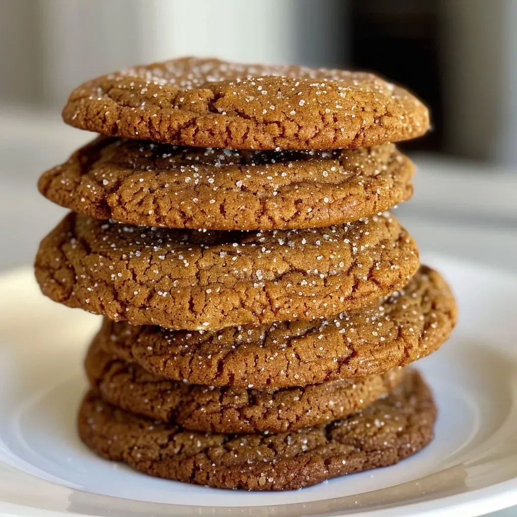 ['Close-up view of a golden-brown Vegan Ginger Molasses Cookie with a cracked surface and sugar crystals.', 'Juicy Vegan Ginger Molasses Cookie shown from the side, highlighting its chewy texture and warm color.', 'Side angle of a soft Vegan Ginger Molasses Cookie, featuring a sprinkle of sanding sugar on top.', 'Delicious Vegan Ginger Molasses Cookie with a soft, inviting appearance and rich spices visible.']