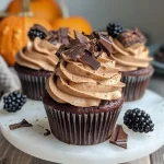 ['Close-up side view of vegan Halloween cupcakes decorated with blackberries and chocolate frosting.', 'Side view of colorful vegan Halloween cupcakes topped with dark chocolate and fresh blackberries.', 'Detailed look at vegan Halloween cupcakes featuring layered frosting and berry garnishes.', 'Artistic side view of moist vegan cupcakes adorned with blackberries and creamy chocolate icing.']
