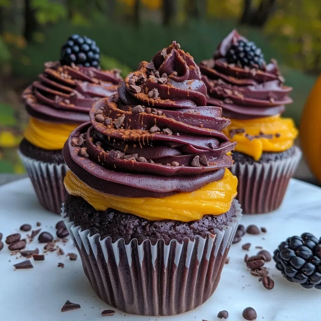 ['Close-up side view of vegan Halloween cupcakes decorated with blackberries and chocolate frosting.', 'Side view of colorful vegan Halloween cupcakes topped with dark chocolate and fresh blackberries.', 'Detailed look at vegan Halloween cupcakes featuring layered frosting and berry garnishes.', 'Artistic side view of moist vegan cupcakes adorned with blackberries and creamy chocolate icing.']