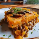 ["A close-up side view of a Vegan Pumpkin and Lentil Shepherd's Pie, showcasing a golden crust and vibrant filling.", "A detailed side profile of a Vegan Pumpkin and Lentil Shepherd's Pie, highlighting the layers of lentils and squash.", "An enticing image of Vegan Pumpkin and Lentil Shepherd's Pie with a crispy topping and hearty vegetables inside.", "A visually appealing shot of a slice of Vegan Pumpkin and Lentil Shepherd's Pie, revealing its colorful ingredients."]