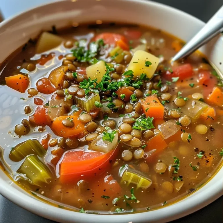 ['Close-up view of a bowl of Vegetable Lentil Soup with colorful vegetables.', 'Side view of a hearty Vegetable Lentil Soup with visible lentils and chopped veggies.', 'Delicious Vegetable Lentil Soup featuring vibrant carrots, celery, and zucchini.', 'Bowl of Vegetable Lentil Soup with assorted vegetables, showcasing a rich, savory texture.']