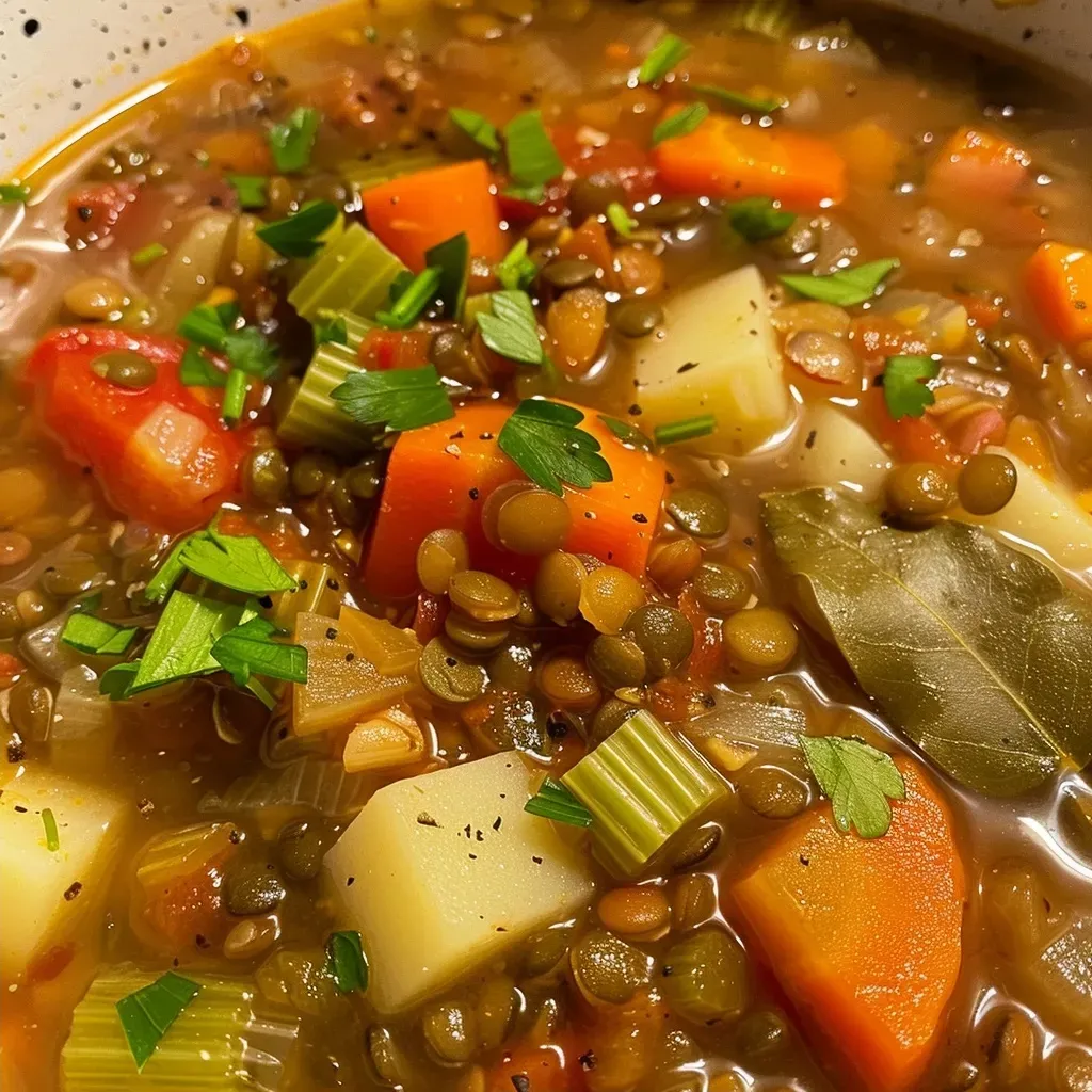 ['Close-up view of a bowl of Vegetable Lentil Soup with colorful vegetables.', 'Side view of a hearty Vegetable Lentil Soup with visible lentils and chopped veggies.', 'Delicious Vegetable Lentil Soup featuring vibrant carrots, celery, and zucchini.', 'Bowl of Vegetable Lentil Soup with assorted vegetables, showcasing a rich, savory texture.']