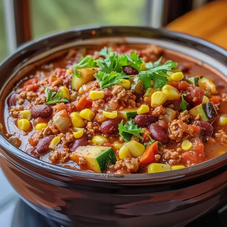['Close-up view of a bowl of Vegetable Turkey Chili with colorful vegetables and beans.', 'Side view of a steaming bowl of Vegetable Turkey Chili, showcasing hearty ingredients like zucchini and corn.', 'Juicy Vegetable Turkey Chili filled with ground turkey, beans, and vibrant veggies.', 'A beautifully garnished bowl of Vegetable Turkey Chili, highlighting its rich texture and colors.']