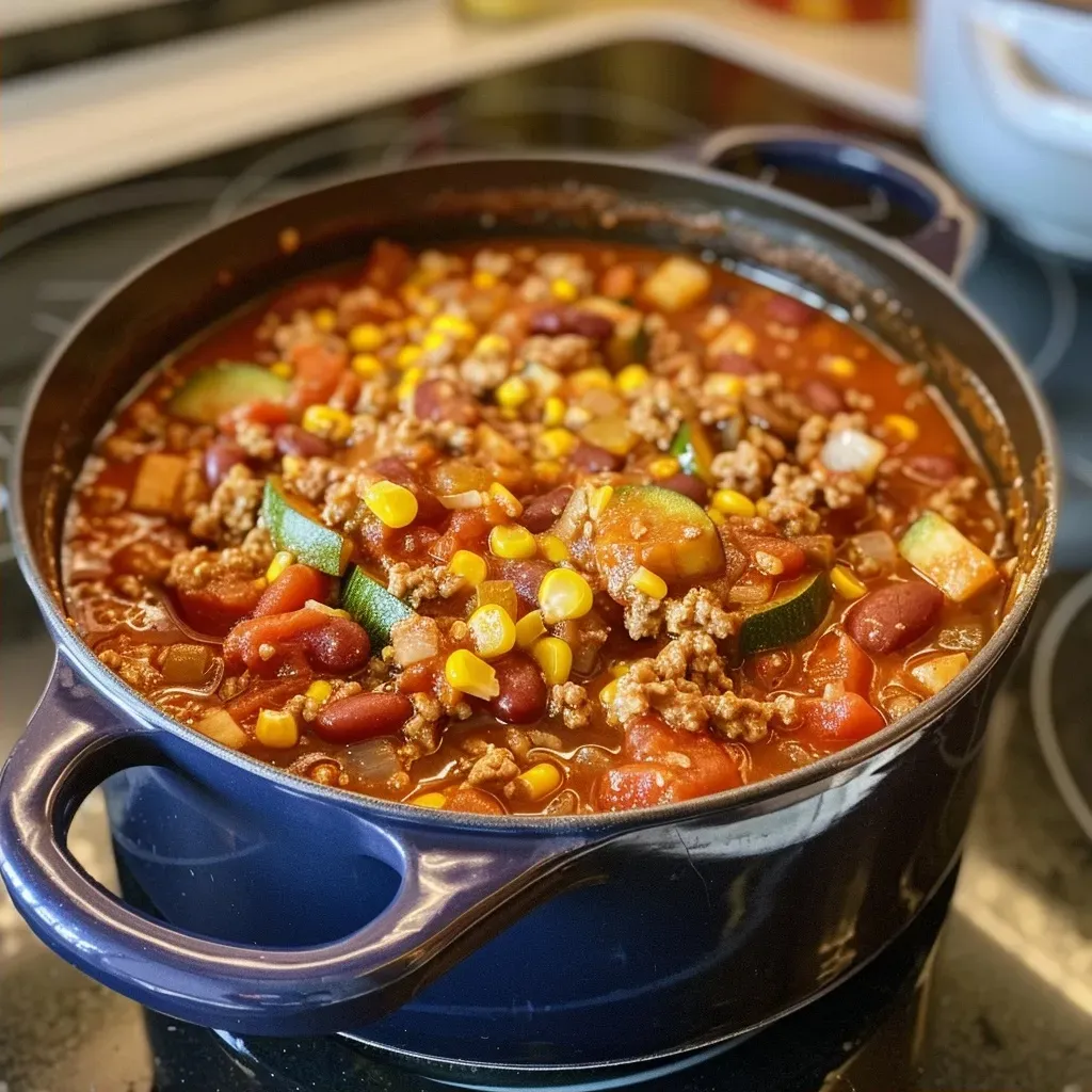 ['Close-up view of a bowl of Vegetable Turkey Chili with colorful vegetables and beans.', 'Side view of a steaming bowl of Vegetable Turkey Chili, showcasing hearty ingredients like zucchini and corn.', 'Juicy Vegetable Turkey Chili filled with ground turkey, beans, and vibrant veggies.', 'A beautifully garnished bowl of Vegetable Turkey Chili, highlighting its rich texture and colors.']