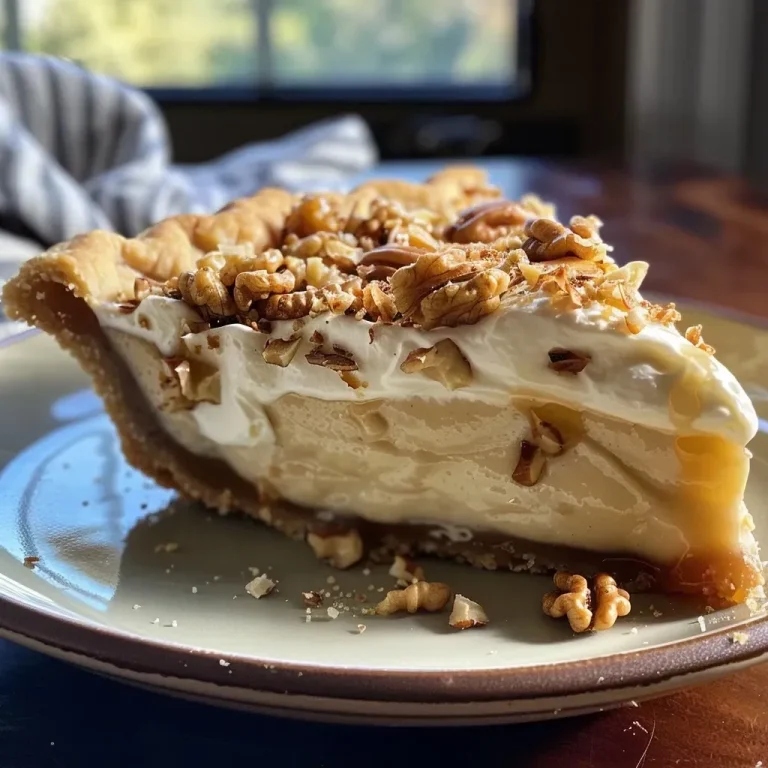 ['A side view of a Vermont Maple Cream Pie topped with toasted walnuts, showcasing its creamy filling and golden crust.', 'Close-up of a slice of Vermont Maple Cream Pie, revealing layers of creamy filling and walnut garnish.', 'Side angle shot of a Vermont Maple Cream Pie with a flaky crust and rich, glossy filling adorned with chopped walnuts.', 'Detailed view of a Vermont Maple Cream Pie, highlighting the texture of the whipped cream and toasted walnuts on top.']