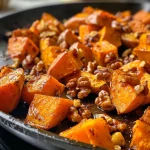 ['Close-up of roasted sweet potatoes with walnuts in a glossy maple glaze.', 'Side view of golden-brown sweet potatoes topped with chopped walnuts and glistening syrup.', 'Juicy roasted sweet potatoes with a caramelized walnut topping, showcasing vibrant colors.', 'Delicious sweet potato cubes coated in maple syrup and walnuts, captured in high detail.']