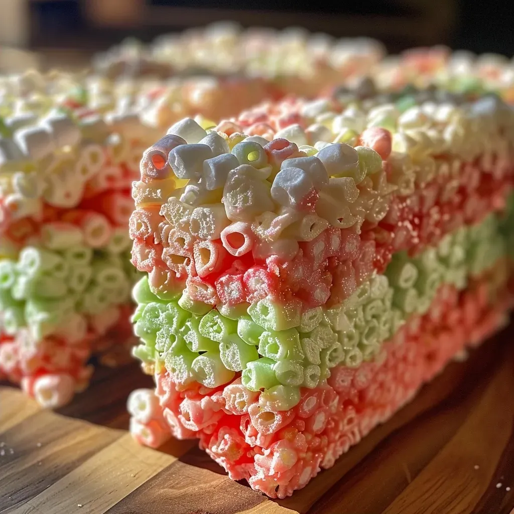 ['Close-up of vibrant Watermelon Krispie Treats, highlighting layers of red and green.', 'Side view image of Watermelon Krispie Treats, showcasing their texture and colors.', 'Detailed shot of colorful Watermelon Krispie Treats with chocolate chips sprinkled on top.', 'Close-up of Watermelon Krispie Treats displaying red and green coloration, resembling fruit.']