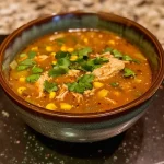 ['A close-up view of a bowl of Weight Watchers Chicken Enchilada Soup, showcasing its vibrant ingredients.', 'A side view of a steaming bowl of Chicken Enchilada Soup with colorful toppings and spices.', 'Juicy Weight Watchers Chicken Enchilada Soup in a white bowl, featuring corn and cilantro garnishes.', 'A detailed shot of chicken enchilada soup highlighting chicken pieces and green chilies in a rich broth.']