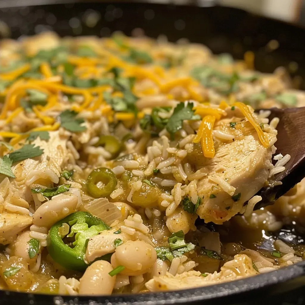['A close-up side view of a White Chili Chicken Skillet Casserole in a skillet.', 'A delicious White Chili Chicken Skillet Casserole with visible chunks of chicken and colorful ingredients.', 'A skillet filled with White Chili Chicken Casserole, showcasing creamy textures and vibrant toppings.', 'An overhead view of a finished White Chili Chicken Skillet Casserole garnished with cheese and peppers.']