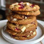 ['Close-up view of golden-brown White Chocolate Cranberry Cookies with a chewy texture.', 'Side view of freshly baked White Chocolate Cranberry Cookies showing melted chocolate chips and cranberries.', 'Juicy White Chocolate Cranberry Cookies, featuring visible chunks of white chocolate and cranberries.', 'Soft and chewy White Chocolate Cranberry Cookies, lightly golden with cranberries peeking through.']