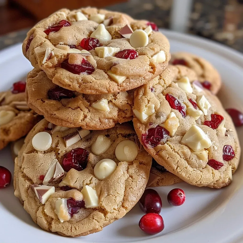 ['Close-up view of golden-brown White Chocolate Cranberry Cookies with a chewy texture.', 'Side view of freshly baked White Chocolate Cranberry Cookies showing melted chocolate chips and cranberries.', 'Juicy White Chocolate Cranberry Cookies, featuring visible chunks of white chocolate and cranberries.', 'Soft and chewy White Chocolate Cranberry Cookies, lightly golden with cranberries peeking through.']