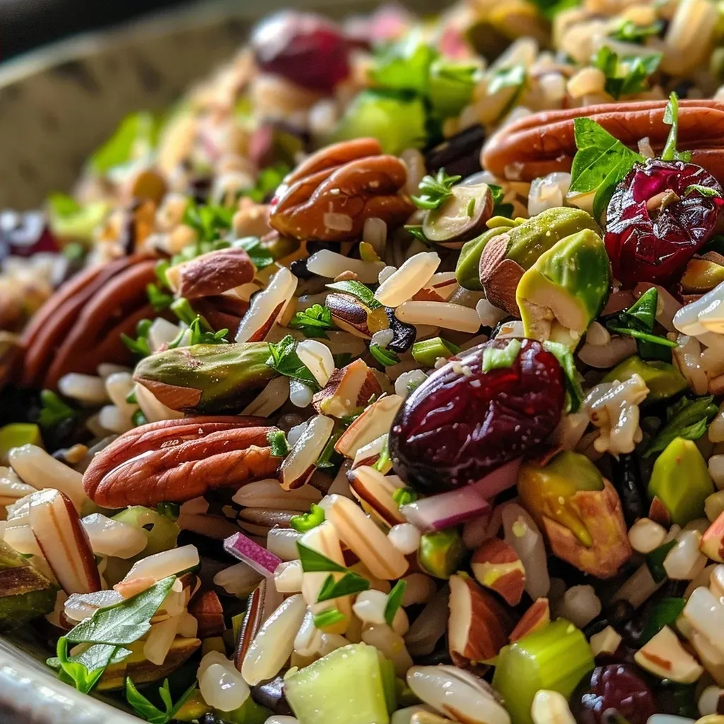 ['Close-up view of a vibrant wild rice salad featuring cranberries and nuts.', 'Side angle of a fresh wild rice salad with cranberries, pecans, and pistachios.', 'Juicy wild rice salad with a variety of ingredients, including cranberries and veggies.', 'Detailed shot of wild rice salad showcasing cranberries, nuts, and colorful toppings.']