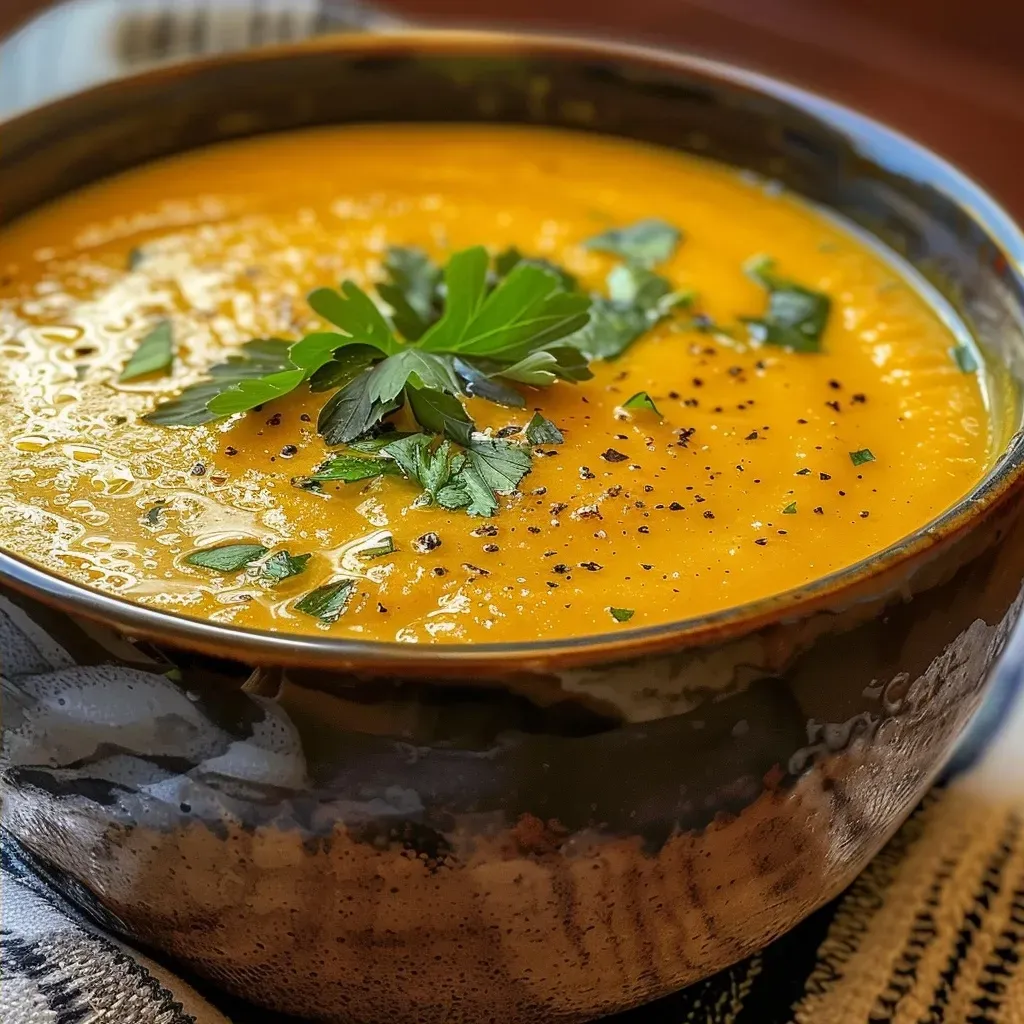 ['Close-up view of creamy winter squash soup in a bowl, garnished with parsley.', 'Side view of a steaming bowl of winter squash soup, showcasing its rich, orange color.', 'Delicious winter squash soup in a rustic bowl, topped with fresh parsley and a drizzle of olive oil.', 'Hearty winter squash soup with chunks of vegetables, served with a piece of crusty bread on the side.']