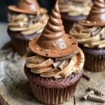 ['A close-up view of Witch Hat Cupcakes with chocolate hats made from cones.', 'Side view of delicious Witch Hat Cupcakes adorned with chocolate icing and wafer cones.', 'Juicy Witch Hat Cupcakes featuring a dark chocolate cone hat on fluffy frosting.', 'Close-up of festive Witch Hat Cupcakes showcasing rich chocolate and colorful details.']