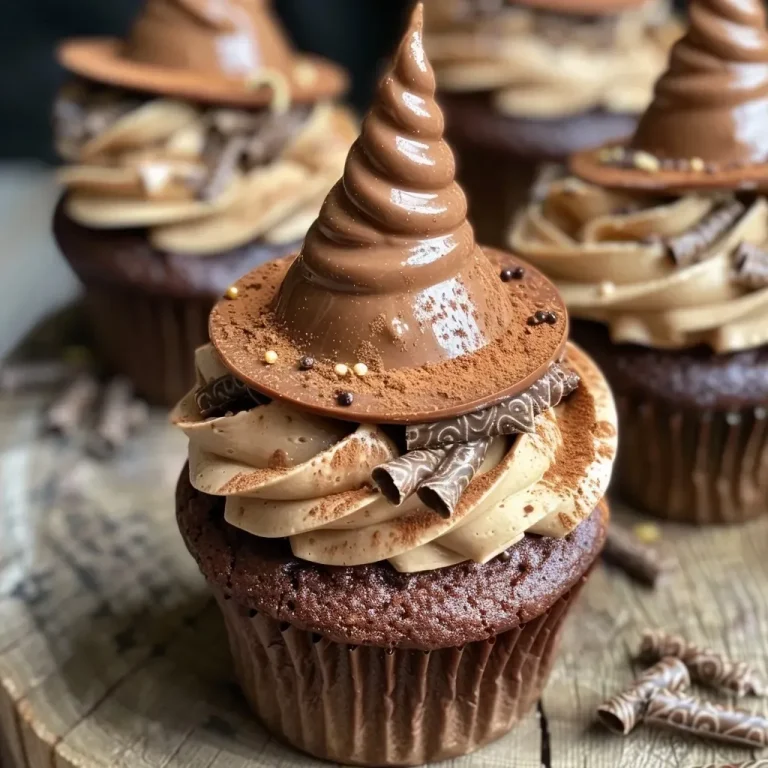 ['A close-up view of Witch Hat Cupcakes with chocolate hats made from cones.', 'Side view of delicious Witch Hat Cupcakes adorned with chocolate icing and wafer cones.', 'Juicy Witch Hat Cupcakes featuring a dark chocolate cone hat on fluffy frosting.', 'Close-up of festive Witch Hat Cupcakes showcasing rich chocolate and colorful details.']