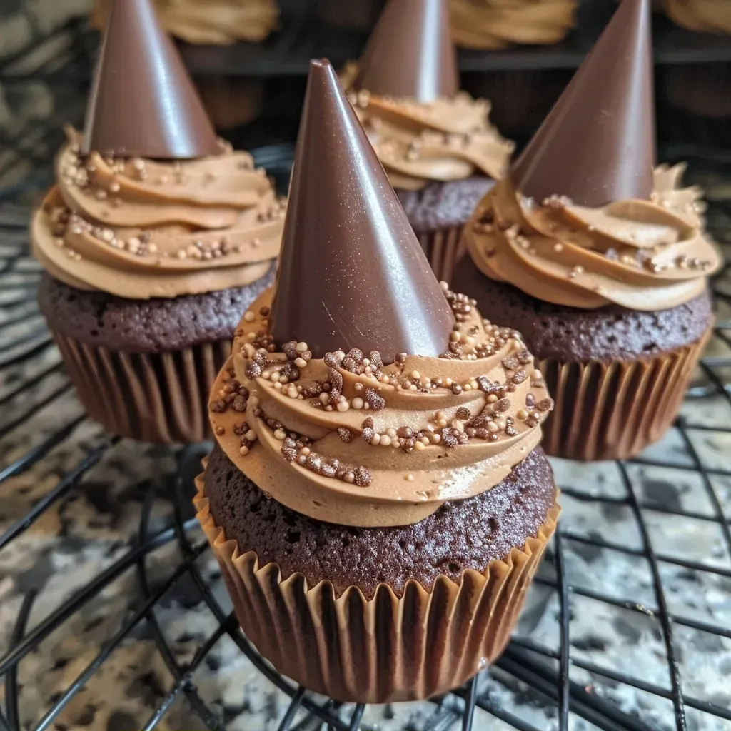 ['A close-up view of Witch Hat Cupcakes with chocolate hats made from cones.', 'Side view of delicious Witch Hat Cupcakes adorned with chocolate icing and wafer cones.', 'Juicy Witch Hat Cupcakes featuring a dark chocolate cone hat on fluffy frosting.', 'Close-up of festive Witch Hat Cupcakes showcasing rich chocolate and colorful details.']