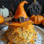 ['Close-up of a Halloween-themed cheese ball shaped like a witch hat, garnished with poppy seeds.', 'Side view of a witch hat cheese ball featuring a textured surface and a creamy appearance.', 'Juicy cheese ball designed as a witch hat, showcasing white cheddar and poppy seeds.', "Tasty Halloween cheese ball resembling a witch's hat, displayed on a wooden board."]