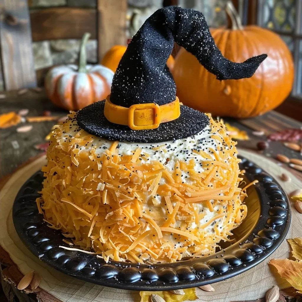['Close-up of a Halloween-themed cheese ball shaped like a witch hat, garnished with poppy seeds.', 'Side view of a witch hat cheese ball featuring a textured surface and a creamy appearance.', 'Juicy cheese ball designed as a witch hat, showcasing white cheddar and poppy seeds.', 