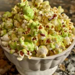 ['Close-up view of vibrant green Zombie Popcorn with a glossy finish.', 'Side view of flavorful Zombie Popcorn, showcasing bright colors and textures.', 'Detailed shot of green and brown popcorn pieces resembling ghoulish snacks.', 'Colorful Zombie Popcorn with a shiny coating, emphasizing its unique appearance.']