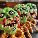 ['Close-up view of zombie-themed pretzels decorated with candy eyes and red accents.', 'Side view of delicious pretzel rods covered in green candy melts and spooky decorations.', 'Juicy, artistic presentation of zombie pretzels showcasing vibrant colors and creepy details.', 'Tasty pretzel rods adorned with candy eyes and red detailing, resembling zombies.']