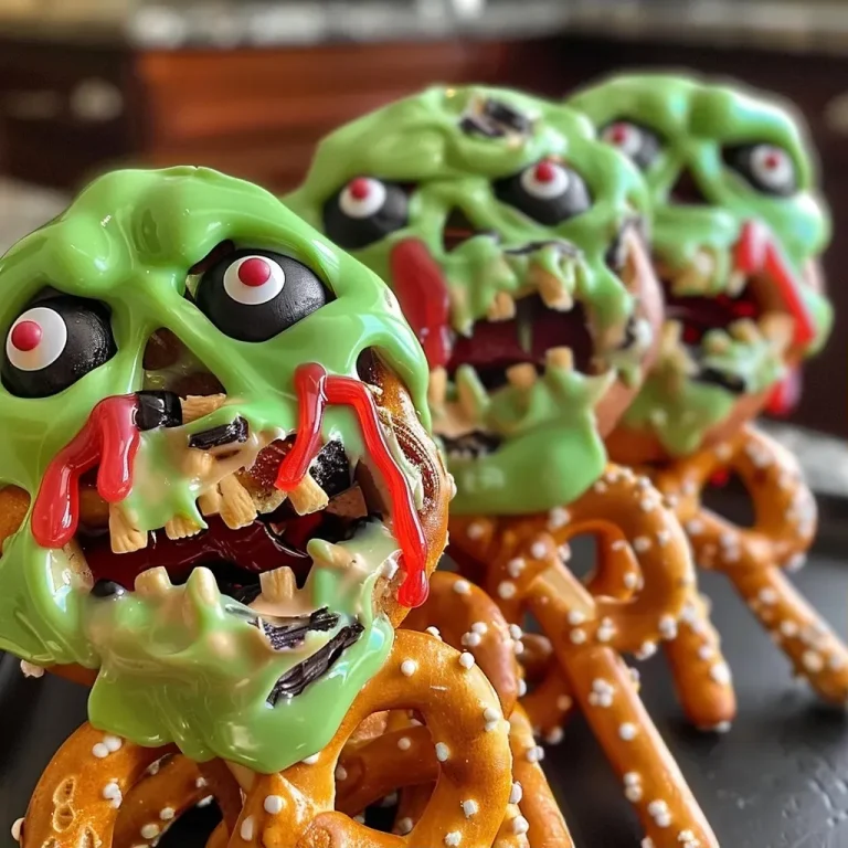 ['Close-up view of zombie-themed pretzels decorated with candy eyes and red accents.', 'Side view of delicious pretzel rods covered in green candy melts and spooky decorations.', 'Juicy, artistic presentation of zombie pretzels showcasing vibrant colors and creepy details.', 'Tasty pretzel rods adorned with candy eyes and red detailing, resembling zombies.']