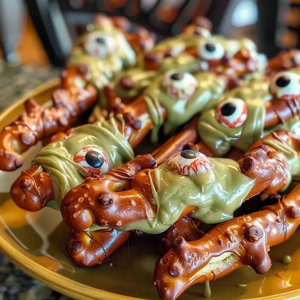 ['Close-up view of zombie-themed pretzels decorated with candy eyes and red accents.', 'Side view of delicious pretzel rods covered in green candy melts and spooky decorations.', 'Juicy, artistic presentation of zombie pretzels showcasing vibrant colors and creepy details.', 'Tasty pretzel rods adorned with candy eyes and red detailing, resembling zombies.']
