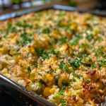 ['Close-up view of Zucchini Rice Stuffing Casserole showing layers of rice, zucchini, and cheese.', 'Side angle of a baked Zucchini Rice Stuffing Casserole, highlighting the golden cheese topping.', 'A delicious serving of Zucchini Rice Stuffing Casserole with visible vegetables and melted cheese.', 'Textured close-up of a Zucchini Rice Stuffing Casserole, emphasizing the combination of zucchini and rice.']