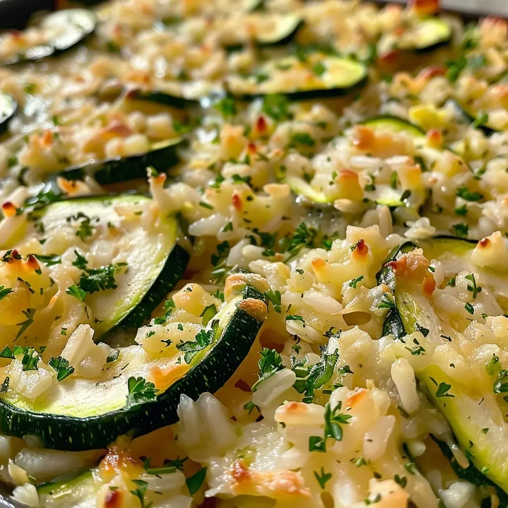 ['Close-up view of Zucchini Rice Stuffing Casserole showing layers of rice, zucchini, and cheese.', 'Side angle of a baked Zucchini Rice Stuffing Casserole, highlighting the golden cheese topping.', 'A delicious serving of Zucchini Rice Stuffing Casserole with visible vegetables and melted cheese.', 'Textured close-up of a Zucchini Rice Stuffing Casserole, emphasizing the combination of zucchini and rice.']
