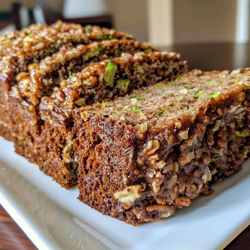 ['Close-up side view of moist zucchini spice bread with a golden-brown crust.', 'Detailed image of freshly baked zucchini spice bread, showcasing its texture and spices.', 'Appetizing side view of zucchini spice bread, highlighting its juicy interior and nutty topping.', 'Image of delicious zucchini spice bread, emphasizing its spiced flavor and rich ingredients.']