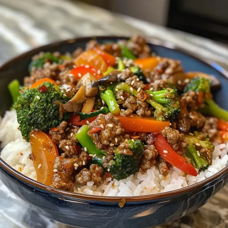 Spicy Ground Beef Stir-Fry Bowl with Garlic Veggies Delight