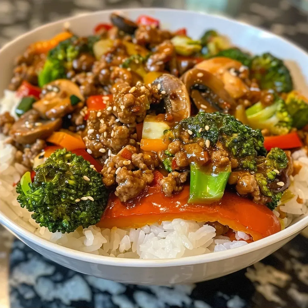 Spicy Ground Beef Stir-Fry Bowl with Garlic Veggies Delight