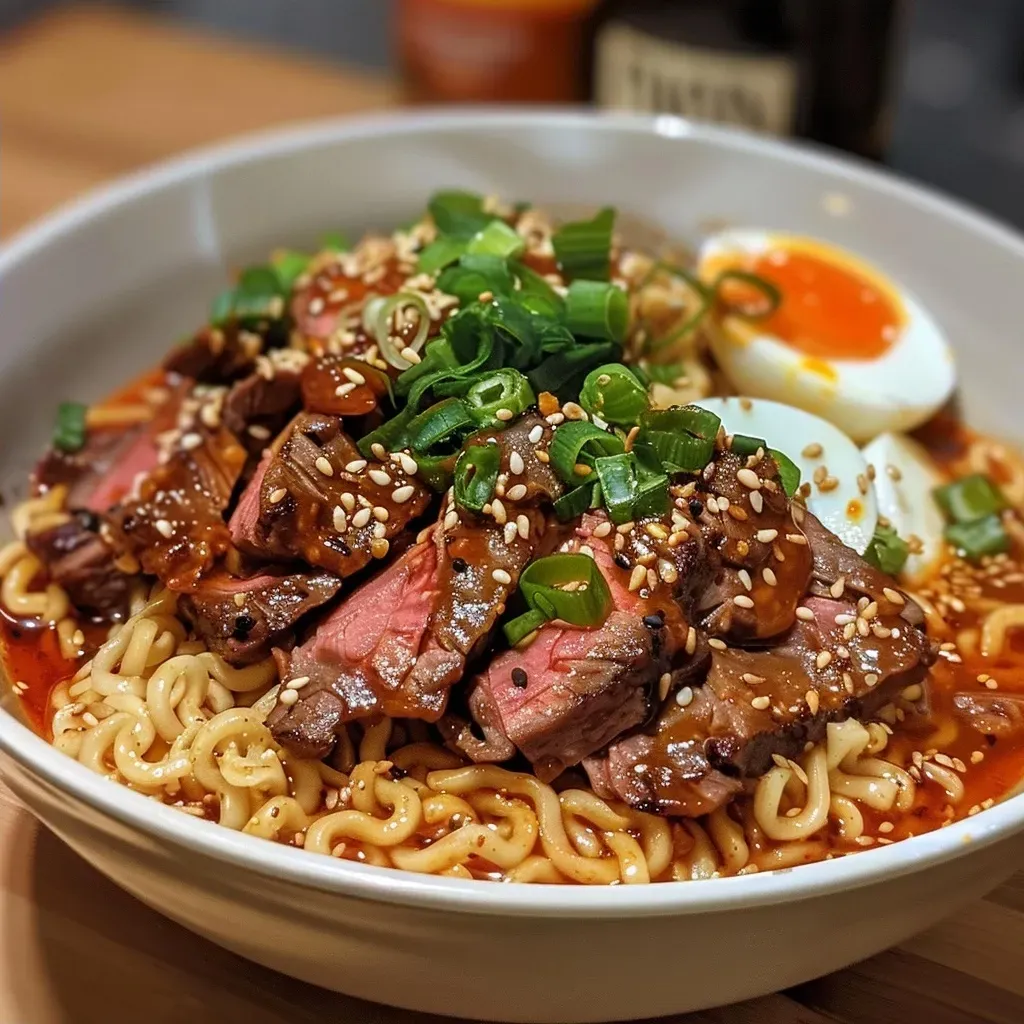 Spicy Korean Ramen with Grilled Beef Creamy Sauce